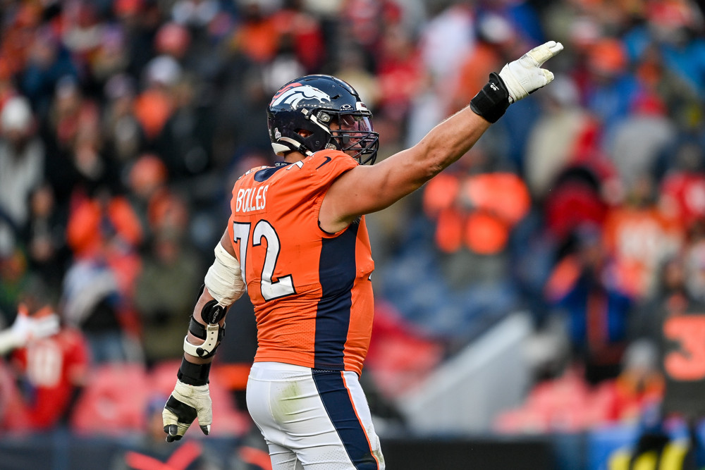 Denver Broncos offensive tackle Garett Bolles (72) celebrates an offensive play during a game between the Kansas City Chiefs and the Denver Broncos at Empower Field at Mile High on October 29, 2023 in Denver, Colorado.