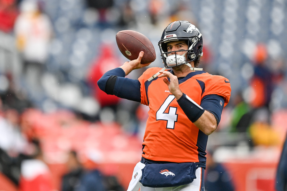 Denver Broncos quarterback Jarrett Stidham (4) warms up before a game between the Kansas City Chiefs and the Denver Broncos at Empower Field at Mile High on October 29, 2023 in Denver, Colorado.