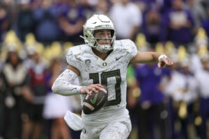 Denver Broncos (QB) #10 Bo Nix during a college football game between the Washington Huskies and the Oregon Ducks on October 14, 2023 at Husky Stadium in Seattle, WA.