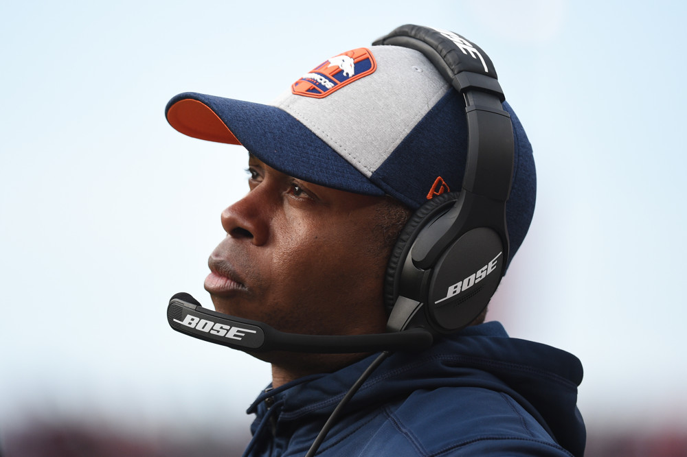 Denver Broncos Head Coach Vance Joseph during the NFL football game between the Denver Broncos and the San Francisco 49ers on December 9, 2018 at Levi's Stadium in Santa Clara, CA.