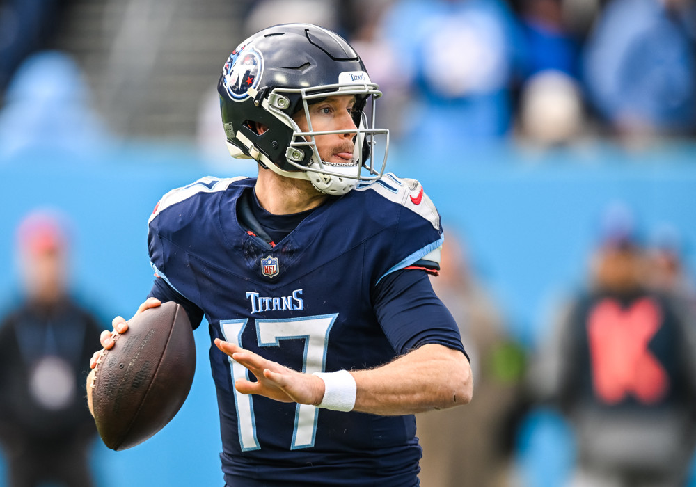 Tennessee Titans quarterback Ryan Tannehill (17) passes the ball during the NFL game between the Tennessee Titans and the Jacksonville Jaguars on January 7, 2024, at Nissan Stadium in Nashville, TN.