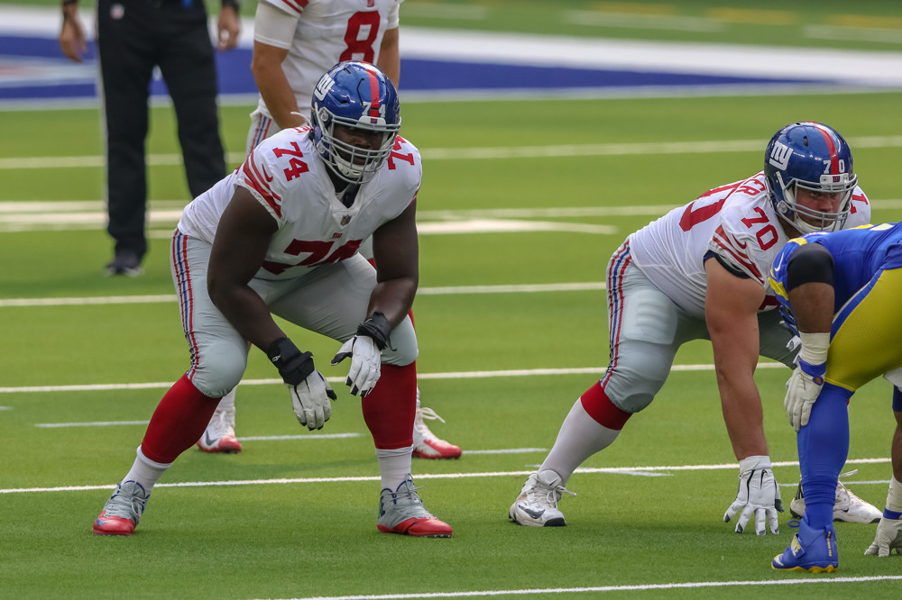 New York Giants offensive tackle Matt Peart (74) during an NFL football game between the New York Giants and the Los Angeles Rams on October 04, 2020, at SoFi Stadium in Inglewood, CA.