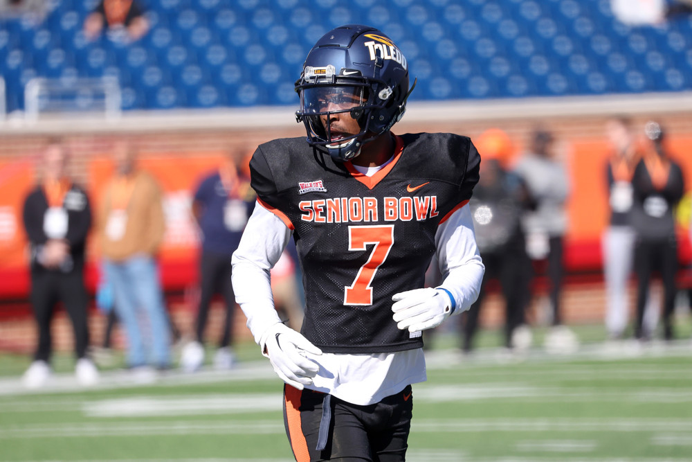 National defensive back Quinyon Mitchell of Toledo (7) during the National team practice for the Reese's Senior Bowl on January 31, 2024 at Hancock Whitney Stadium in Mobile, Alabama.