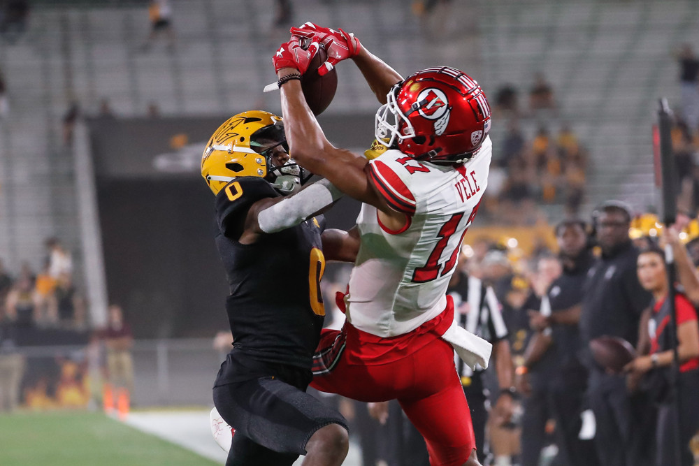 Arizona State Sun Devils defensive back Isaiah Johnson (0) breaks up a pass to Denver Broncos wide receiver Devaughn Vele (17) during the college football game between the Utah Utes and the Arizona State Sun Devils on September 24, 2022 at Sun Devil Stadium in Tempe, Arizona.