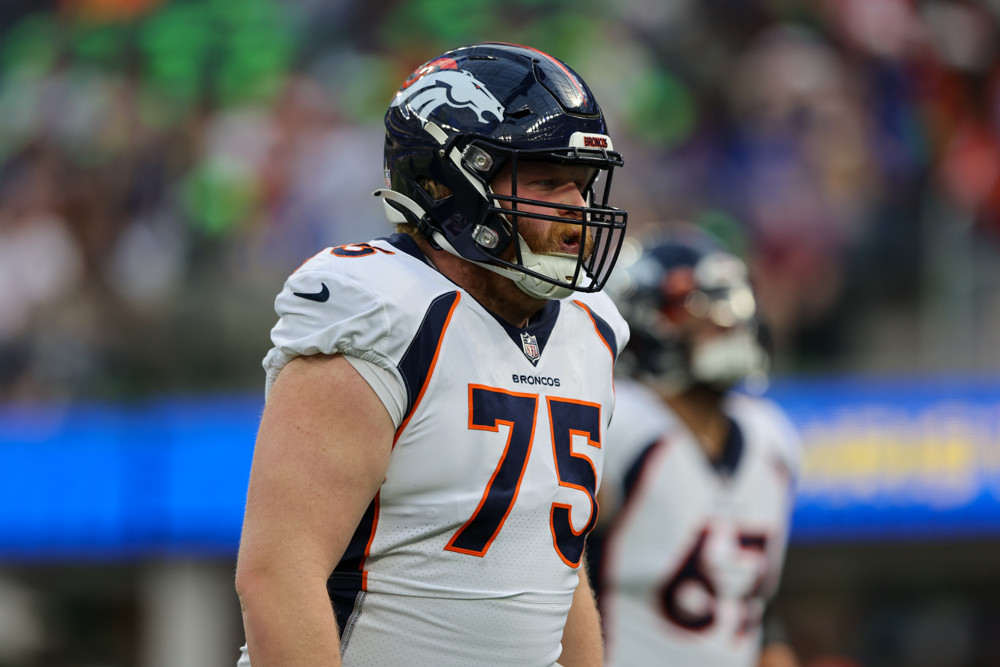 Denver Broncos offensive tackle Quinn Bailey (75) during the NFL game between the Denver Broncos and the Los Angeles Rams on December 25, 2022, at SoFi Stadium in Inglewood, CA.