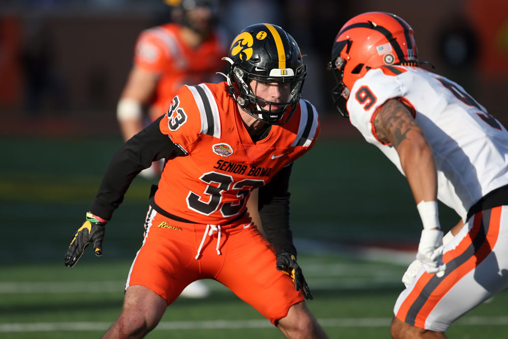 National defensive back Riley Moss of Iowa (33) during the Reese's Senior Bowl on February 4, 2023 at Hancock Whitney Stadium in Mobile, Alabama. 