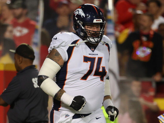 Denver Broncos guard Ben Powers (74) before an AFC West matchup between the Denver Broncos and Kansas City Chiefs on Oct 12, 2023 at GEHA Field at Arrowhead Stadium in Kansas City, MO.