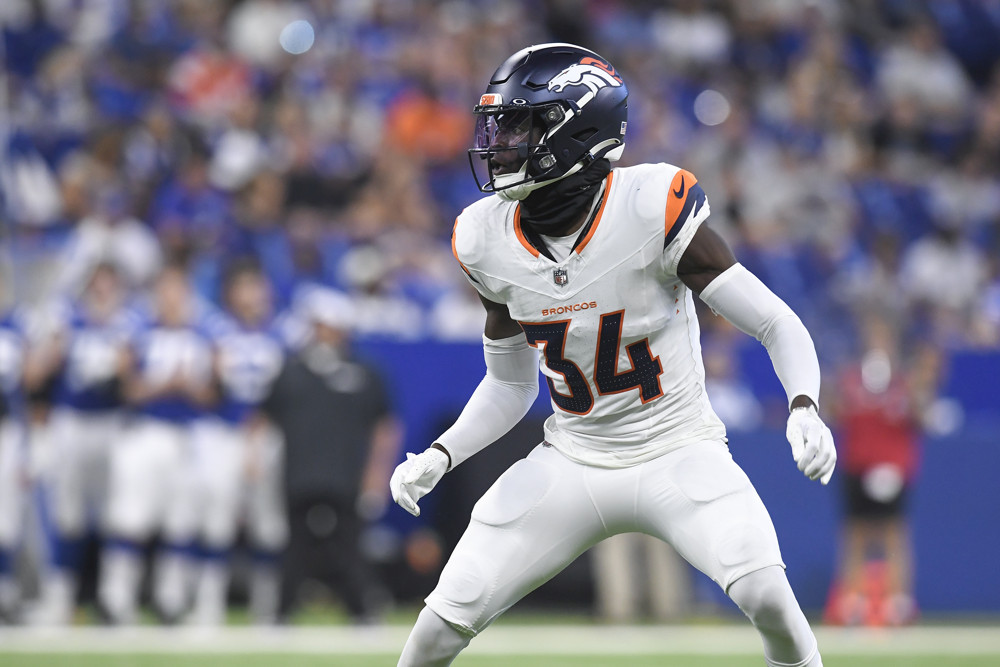 Denver Broncos Safety JL Skinner (34) defends during the NFL Preseason game between the Denver Broncos and the Indianapolis Colts on August 11, 2024, at Lucas Oil Stadium in Indianapolis, Indiana. 