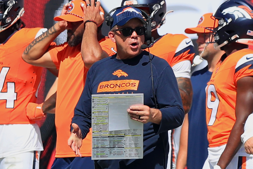 Denver Broncos Head Coach Sean Payton reacts to the play on the field during the game between the Denver Broncos and the Tampa Bay Buccaneers on September 22, 2024 at Raymond James Stadium in Tampa, Florida.