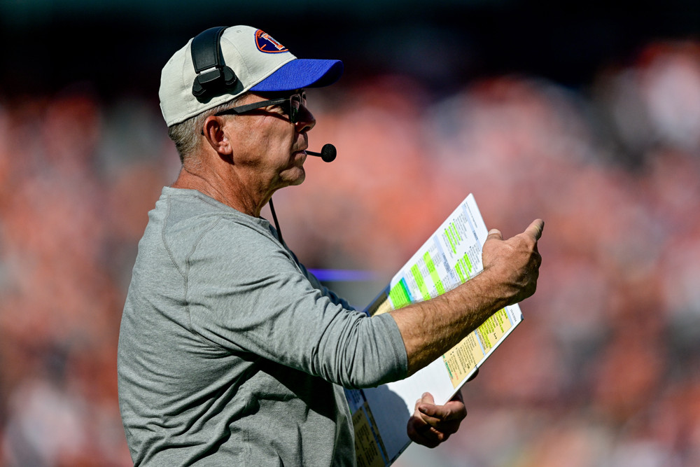 Denver Broncos head coach Sean Payton looks on in the first half during a game between the Las Vegas Raiders and the Denver Broncos at Empower Field at Mile High on October 6, 2024 in Denver, Colorado.