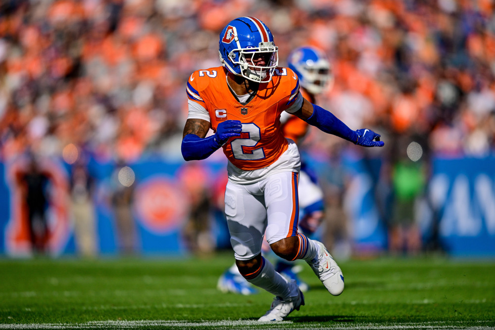 Denver Broncos cornerback Pat Surtain II (2) plays defense in the third quarter during a game between the Las Vegas Raiders and the Denver Broncos at Empower Field at Mile High on October 6, 2024 in Denver, Colorado. 