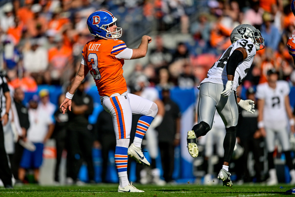 Denver Broncos place kicker Wil Lutz (3) reacts after a third quarter field goal during a game between the Las Vegas Raiders and the Denver Broncos at Empower Field at Mile High on October 6, 2024 in Denver, Colorado.