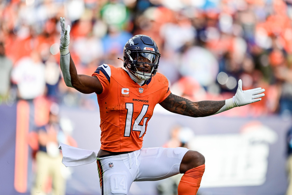 Denver Broncos wide receiver Courtland Sutton (14) appeals to the referees believing there should be a pass interference penalty in the first quarter during a game between the Carolina Panthers and the Denver Broncos at Empower Field at Mile High on October 27, 2024 in Denver, Colorado.