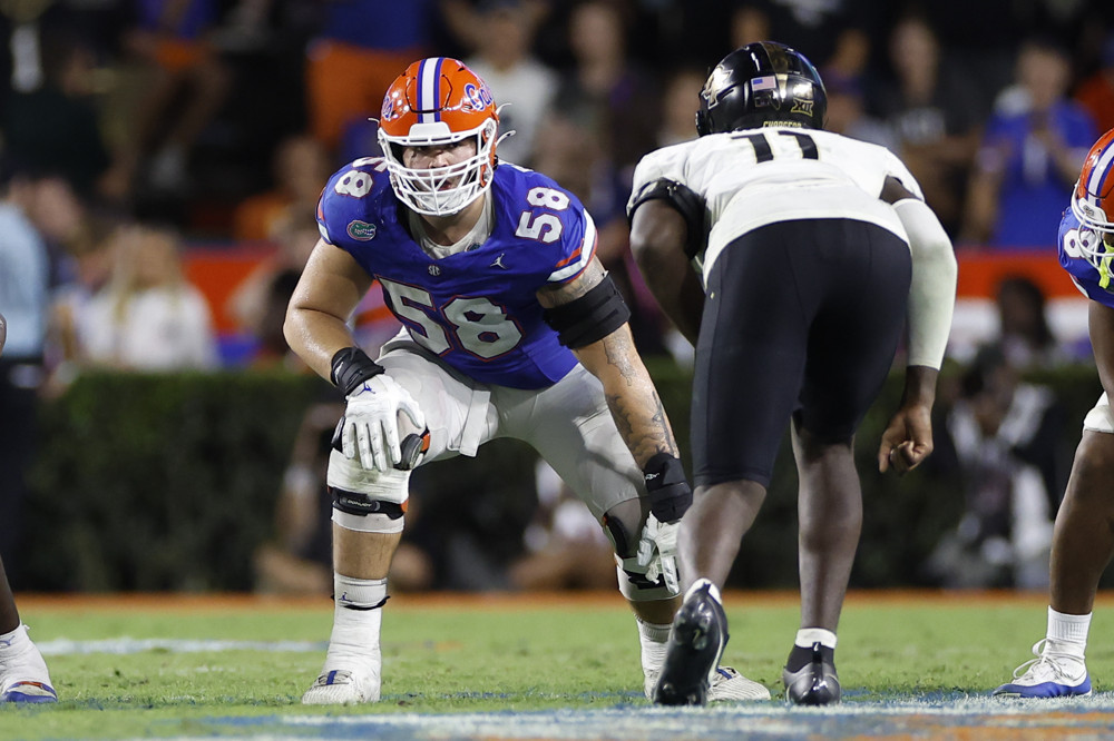 Florida Gators offensive lineman Austin Barber (58) lines up for a play during the game between the Florida Gators and the UCF Knights on October 5, 2024 at Ben Hill Griffin Stadium at Florida Field in Gainesville, Fl. 