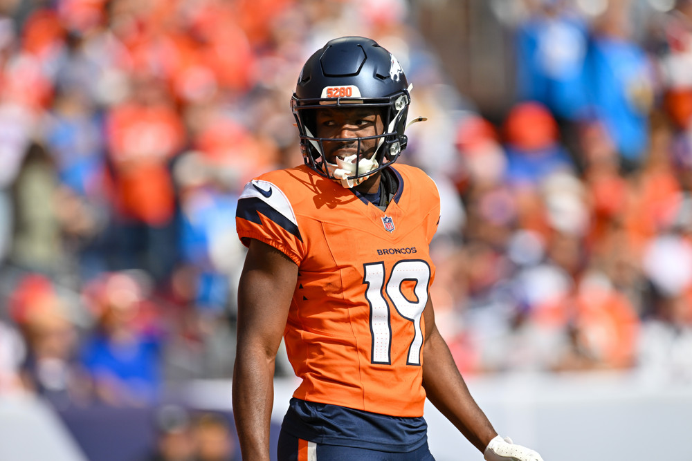 Broncos wide receiver Marvin Mims Jr. (19) during a game between the Denver Broncos and the Los Angeles Chargers on October 13, 2024, at Empower Field at Mile High in Denver, CO.