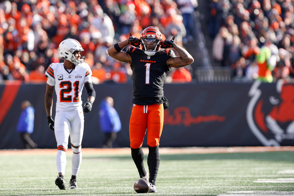 Cincinnati Bengals wide receiver Ja'Marr Chase (1) reacts after getting a first down during the game against the Cleveland Browns and the Cincinnati Bengals on December 22, 2024, at Paycor Stadium in Cincinnati, OH.