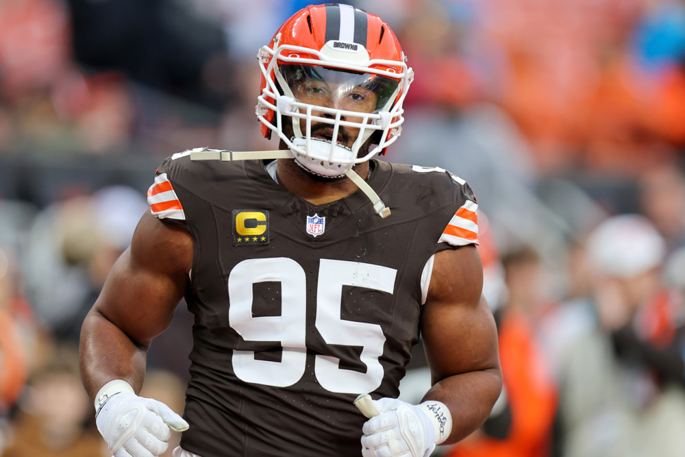 Cleveland Browns defensive end Myles Garrett (95) on the field prior to the National Football League game between the Miami Dolphins and Cleveland Browns on December 29, 2024, at Huntington Bank Field  in Cleveland, OH. (Photo by Frank 