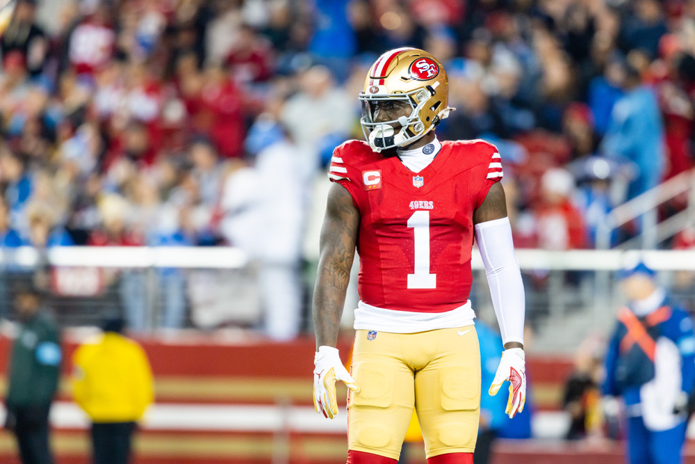 San Francisco 49ers wide receiver Deebo Samuel Sr. (1) waits for a kickoff during a NFL game against the Detriot Lions on December 30, 2024 at Levi's Stadium in Santa Clara, CA.