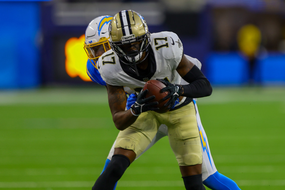 New Orleans Saints wide receiver A.T. Perry (17) catches the ball during the Los Angeles Chargers preseason game versus the New Orleans Saints on August 20, 2023, at SoFi Stadium in Inglewood, CA. 