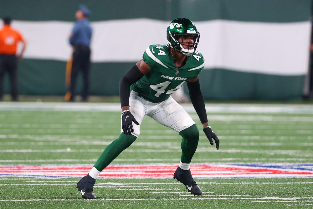 New York Jets linebacker Jamien Sherwood (44) during the National Football League preseason game between the New York Jets and the Philadelphia Eagles on August 27, 2021 at MetLife Stadium in East Rutherford, NJ.