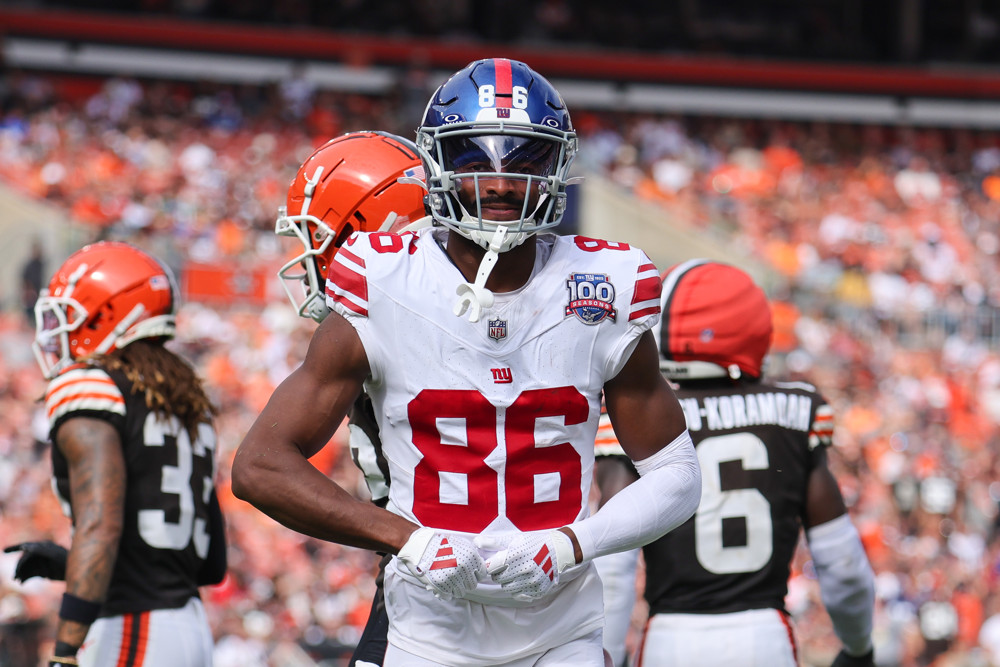 New York Giants wide receiver Darius Slayton (86) reacts after injuring his thumb during the fourth quarter of the National Football League game between the New York Giants and Cleveland Browns on September 22, 2024, at Huntington Bank Field  in Cleveland, OH.