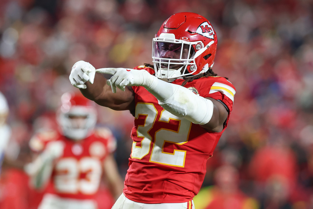 Kansas City Chiefs linebacker Nick Bolton (32) celebrates a sack in the fourth quarter of an NFL game between the Los Angeles Chargers and Kansas City Chiefs on December 8, 2024 at GEHA Field at Arrowhead Stadium in Kansas City, MO.