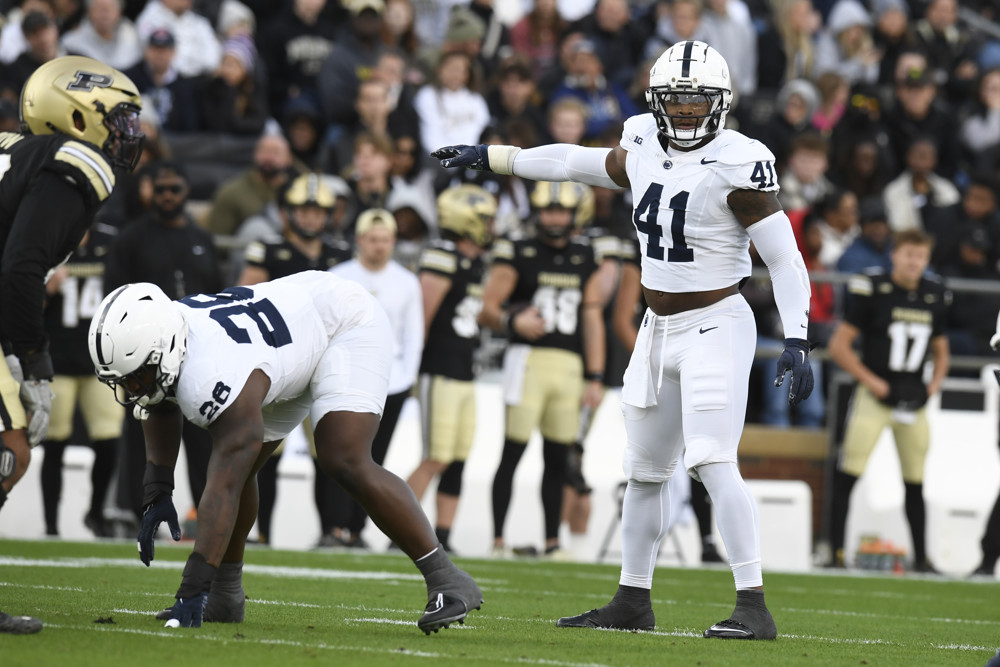Penn State Nittany Lions Linebacker Kobe King (41) points during the college football game between the Penn State Nittany Lions and the Purdue Boilermakers on November 16, 2024, at Ross-Ade Stadium in West Lafayette, Indiana.