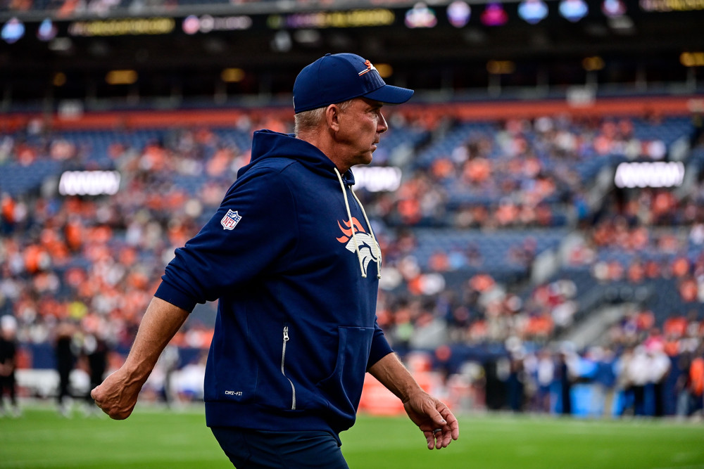Denver Broncos head coach Sean Payton looks on before a preseason game between the Arizona Cardinals and the Denver Broncos at Empower  Field at Mile High on August 16, 2025 in Denver, Colorado. 