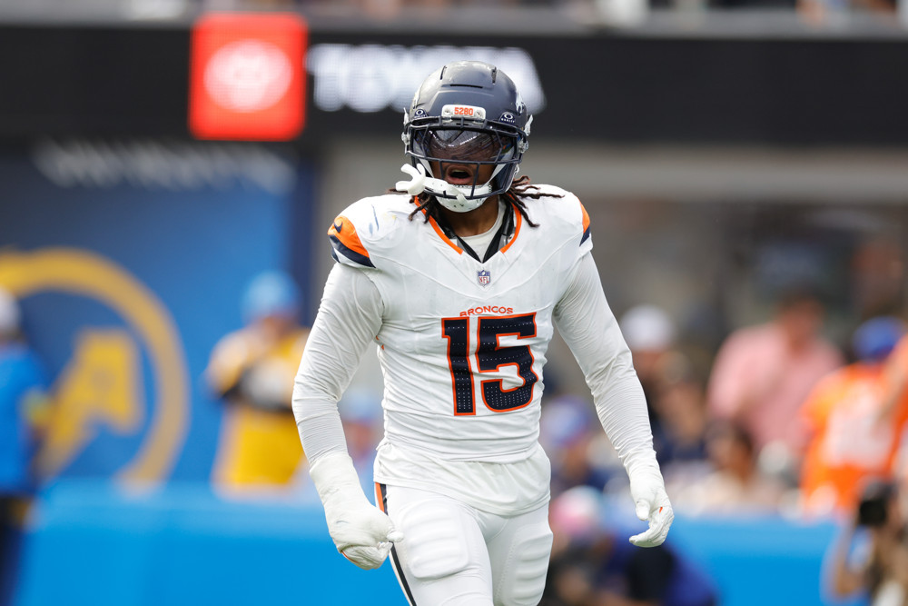 Denver Broncos linebacker Nik Bonitto (15) celebrates a sack during the NFL game between the Denver Broncos and the Los Angeles Chargers on September 21, 2025, at SoFi Stadium in Inglewood, CA.