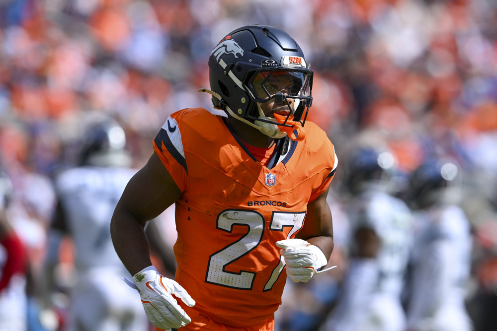 Running Back J.K. Dobbins #27 of the Denver Broncos during a game between the Denver Broncos and the Tennessee Titans at Empower Field at Mile High in Denver, CO on September 07, 2025.