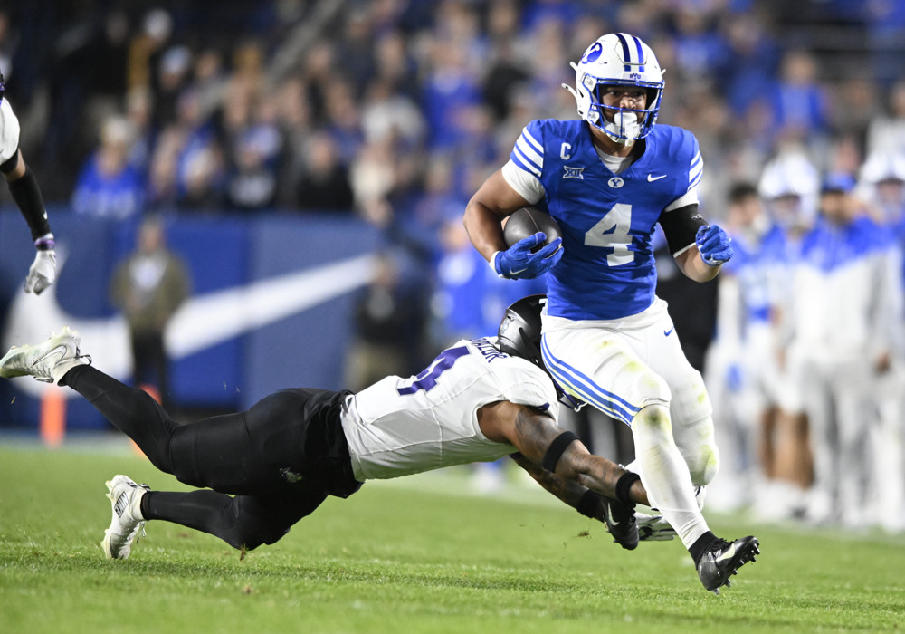 Brigham Young Cougars running back LJ Martin (4) during a game between the TCU Horned Frogs and BYU Cougars on November 15, 2025, at LaVell Edwards Stadium in Provo, Utah. Denver Broncos Mock Draft.