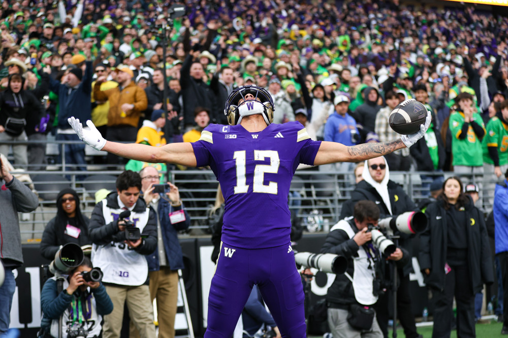 Wide receiver Denzel Boston #12 of the Washington Huskies reacts during a game between the Oregon Ducks and Washington Huskies at Husky Stadium on November 29, 2025, in Seattle, Washington. Denver Broncos Mock Draft.