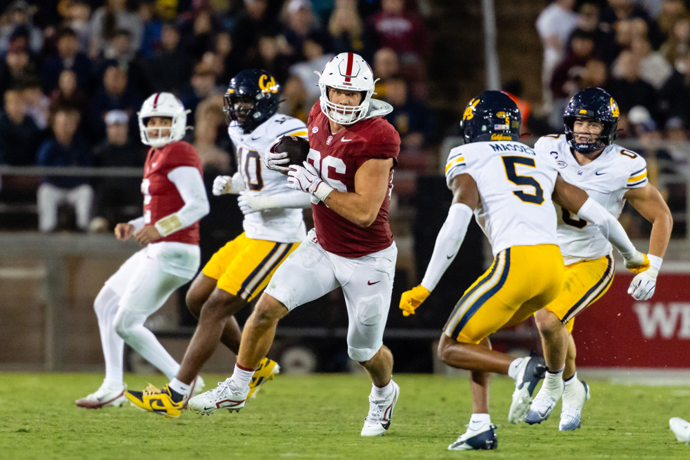 Sam Roush #86 of the Stanford Cardinal runs with the ball during the Big Game against the California Golden Bears on November 22, 2025 at Stanford Stadium in Palo Alto, CA.