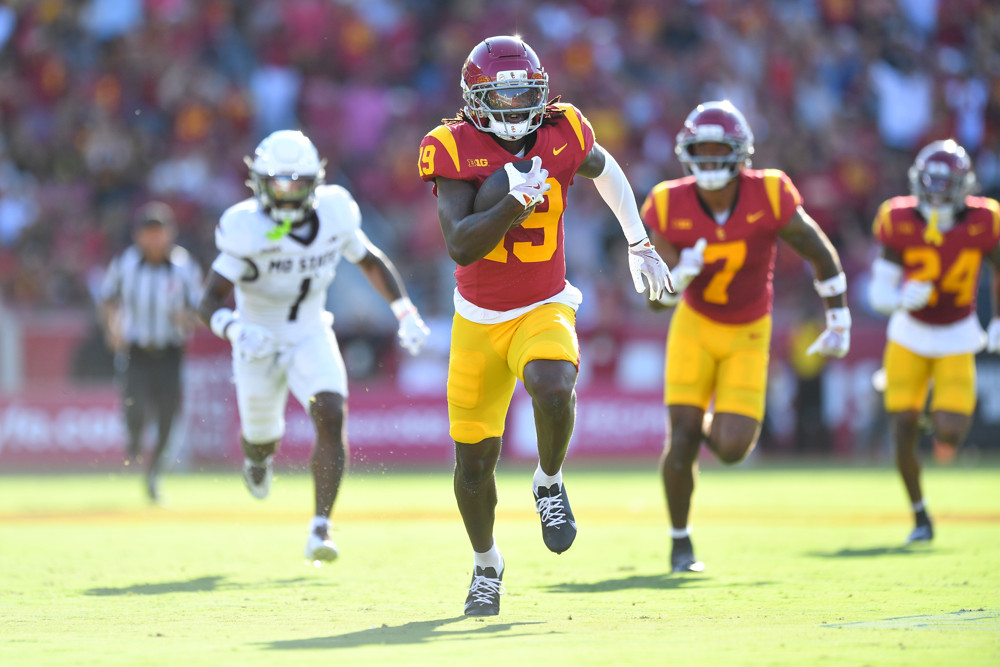 USC Trojans safety Bishop Fitzgerald (19) runs up field after an interception during a college football game between the Missouri State Bears and the USC Trojans on August 30, 2025, at Los Angeles Memorial Coliseum in Los Angeles, CA.